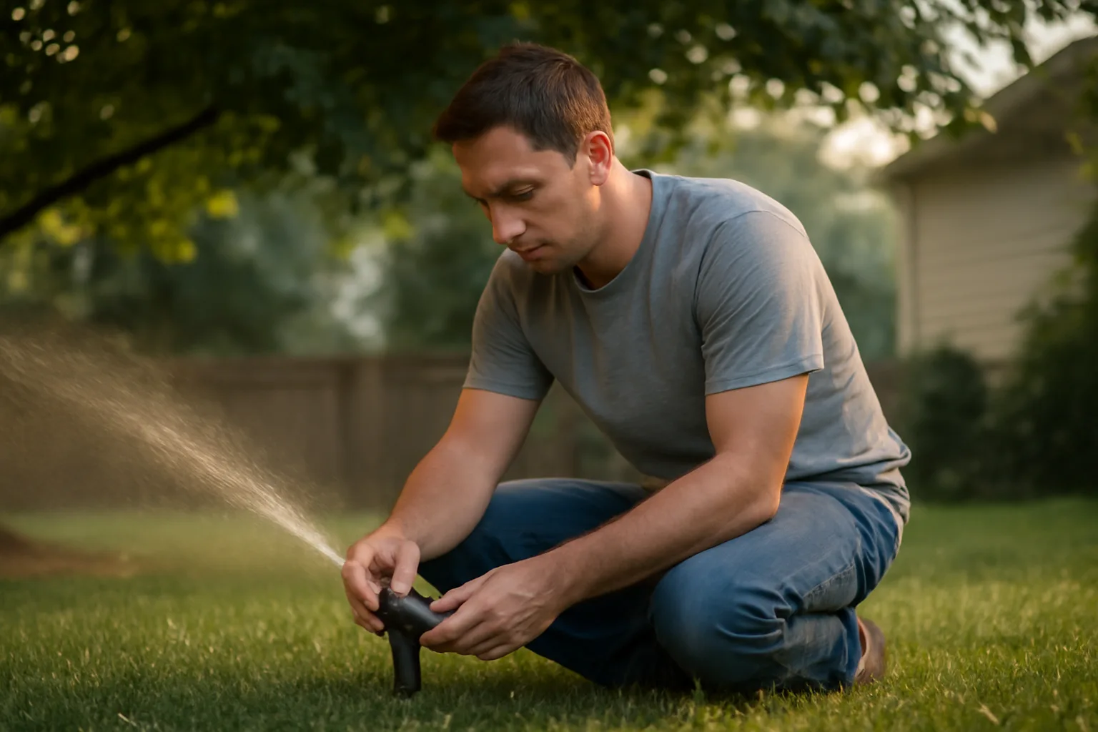 Irrigation contractor adjusting a pop-up sprinkler on a Delaware lawn