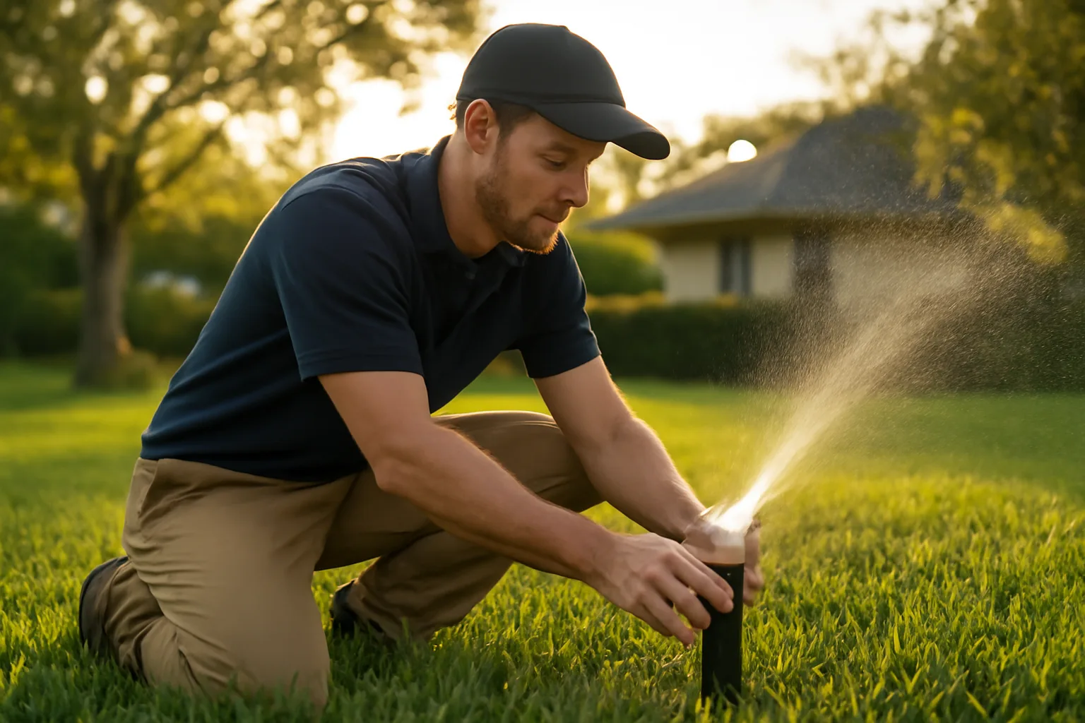 Irrigation technician adjusts a rotor head on a Florida lawn