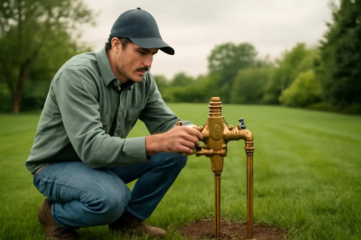 Irrigation contractor adjusting a backflow preventer on a Vermont lawn installation